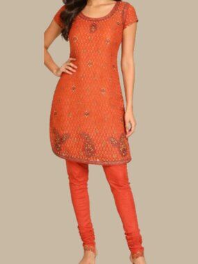Orange gold Beaded sequins paisley Salwar churidar Set Indian Wedding Party boho